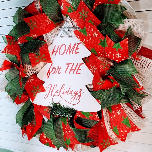 HAND CRAFTED BURLAP RIBBON "HOME FOR THE HOLIDAYS" SIGN CHRISTMAS WREATH 22" - Picture 6 of 7